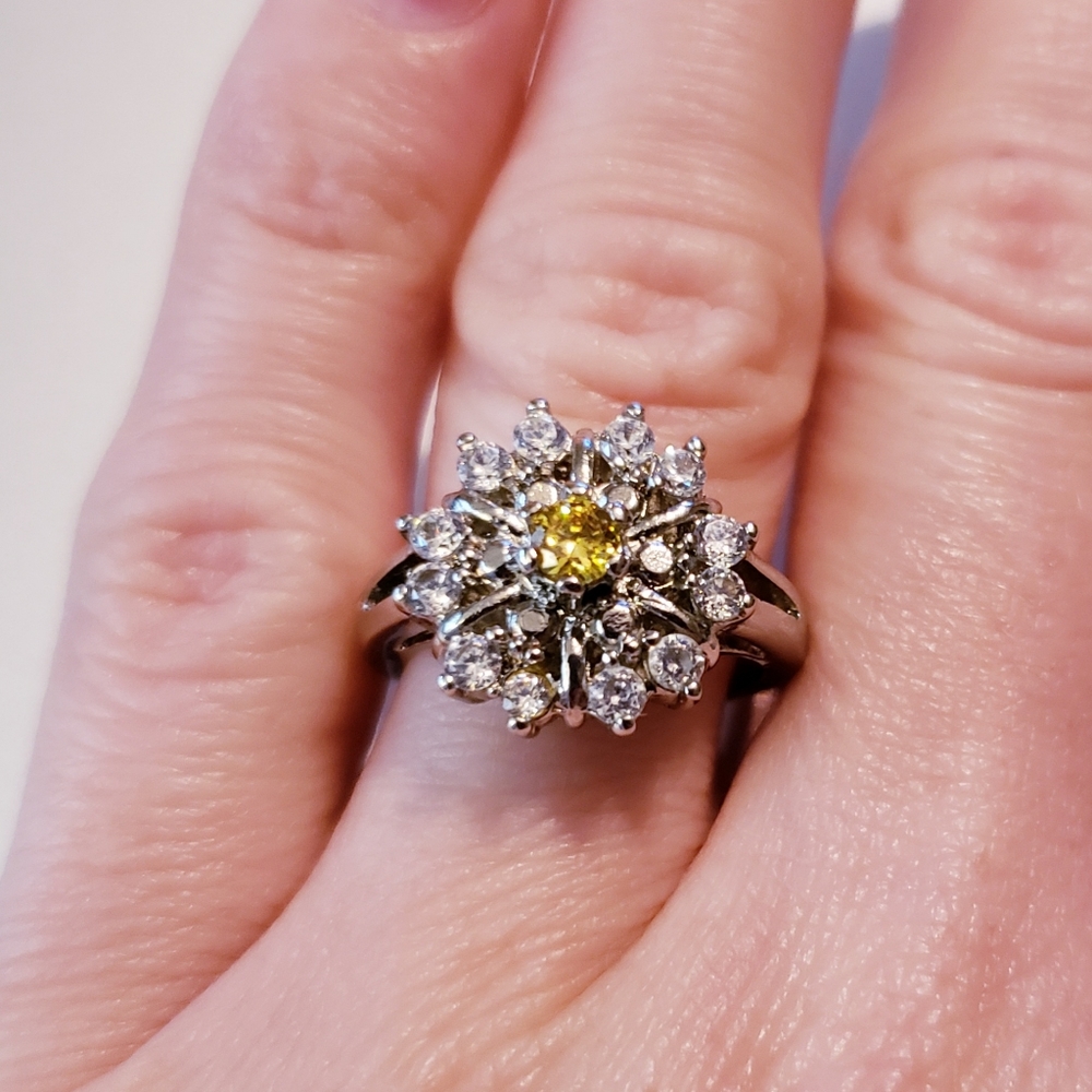 Silver plated Citrine & CZ flower ring